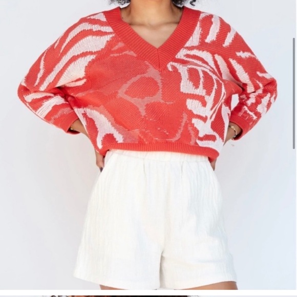 Callahan Knitwear x Anthropologie Jacquard Knit V-Neck Sweater Tangerine NWT - Picture 3 of 9